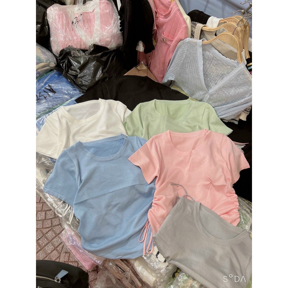 Áo thun gân nữ cổ tròn tay Ngắn rút dây 2 bên ôm body croptop đơn giản, dễ thương MC120