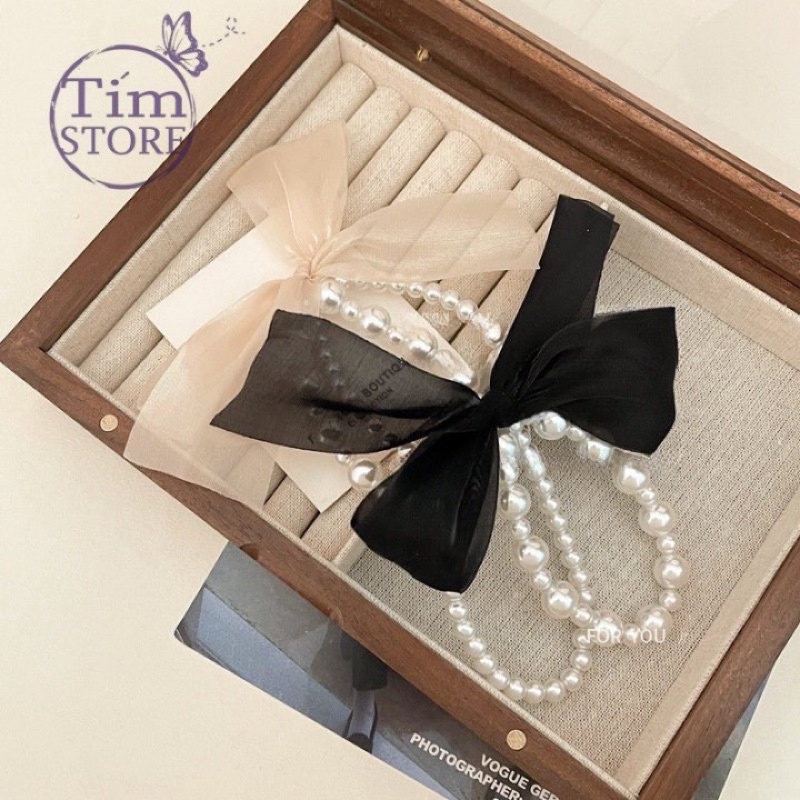 Dây cột tóc nữ nơ voan ngọc trai nhân tạo TÍM STORE phụ kiện thời trang phong cách hàn quốc đẹp