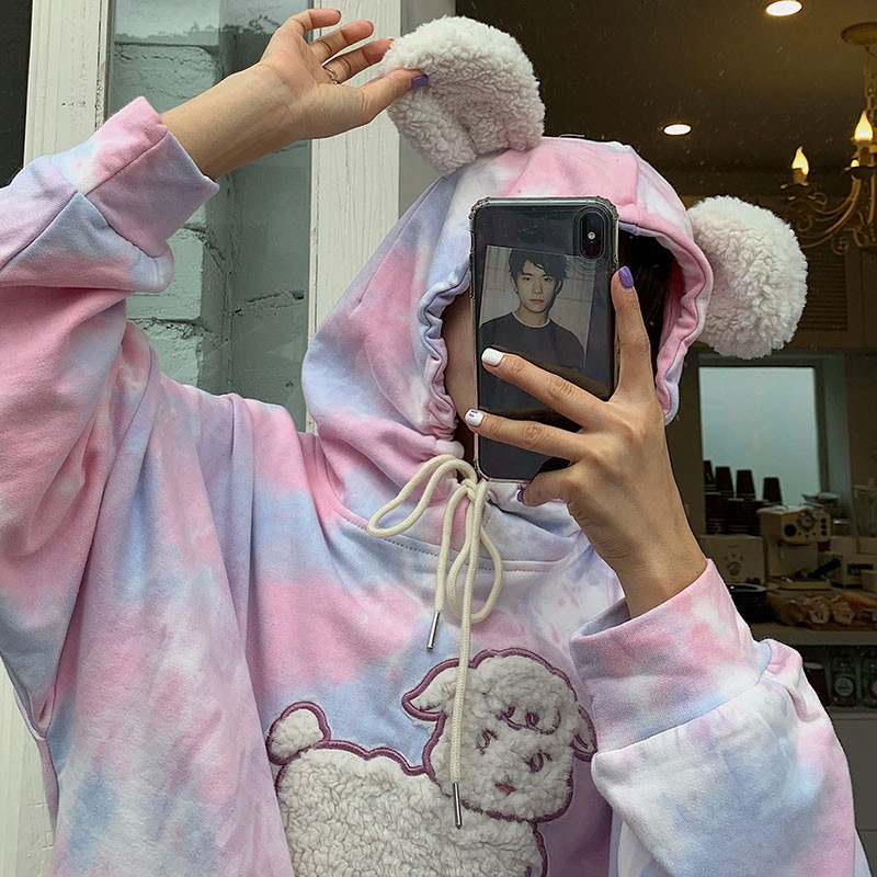 Áo hoodie nữ tay dài màu hồng loang nón tai gấu bông cừu ulzzang