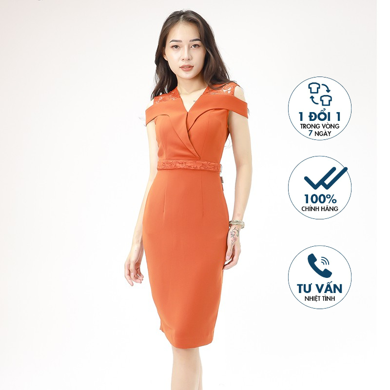 Đầm ôm, cổ V, tay hở vai, phối ren trước, đai ren rời Emspo DS2644