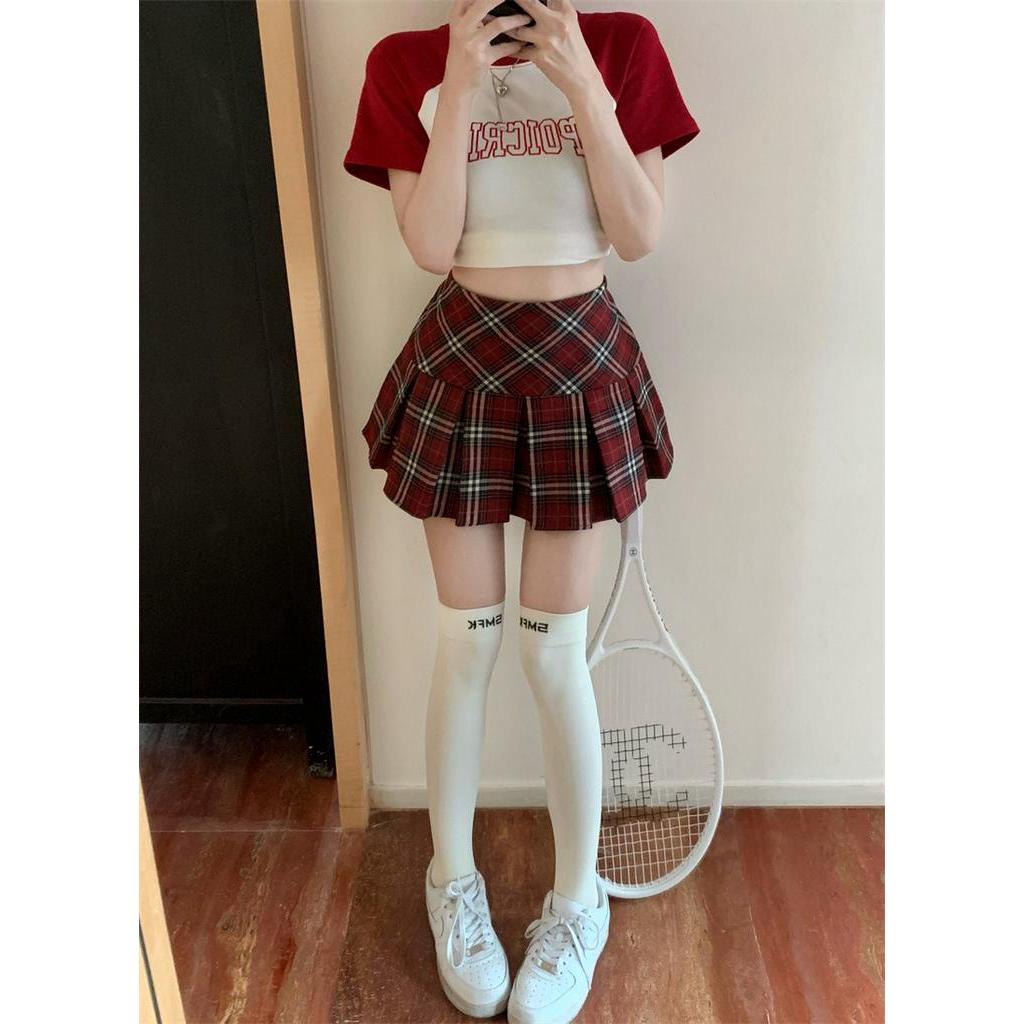 Bộ Áo Thun In Chữ + Chân Váy Xếp Ly Sọc Ca Rô Màu Sắc Trẻ Trung Thời Trang 62126