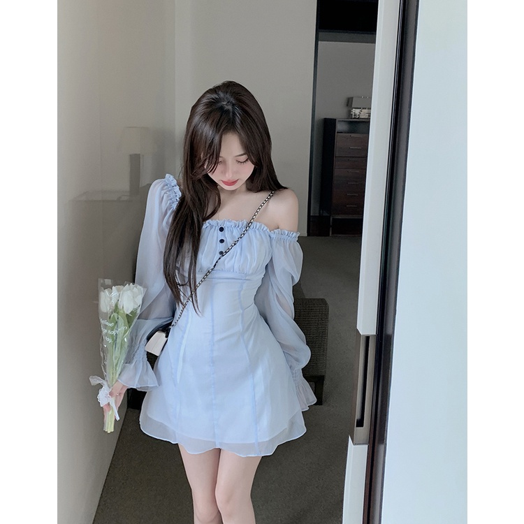 Váy voan xanh biển trễ vai