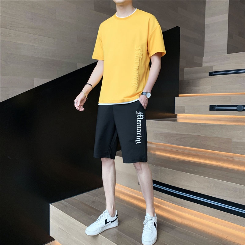 Bộ Đồ Thể Thao Ngắn Tay Cổ Tròn Giả Hai Mảnh Bằng Lụa Mát Thời Trang Mùa Hè Cho Nam