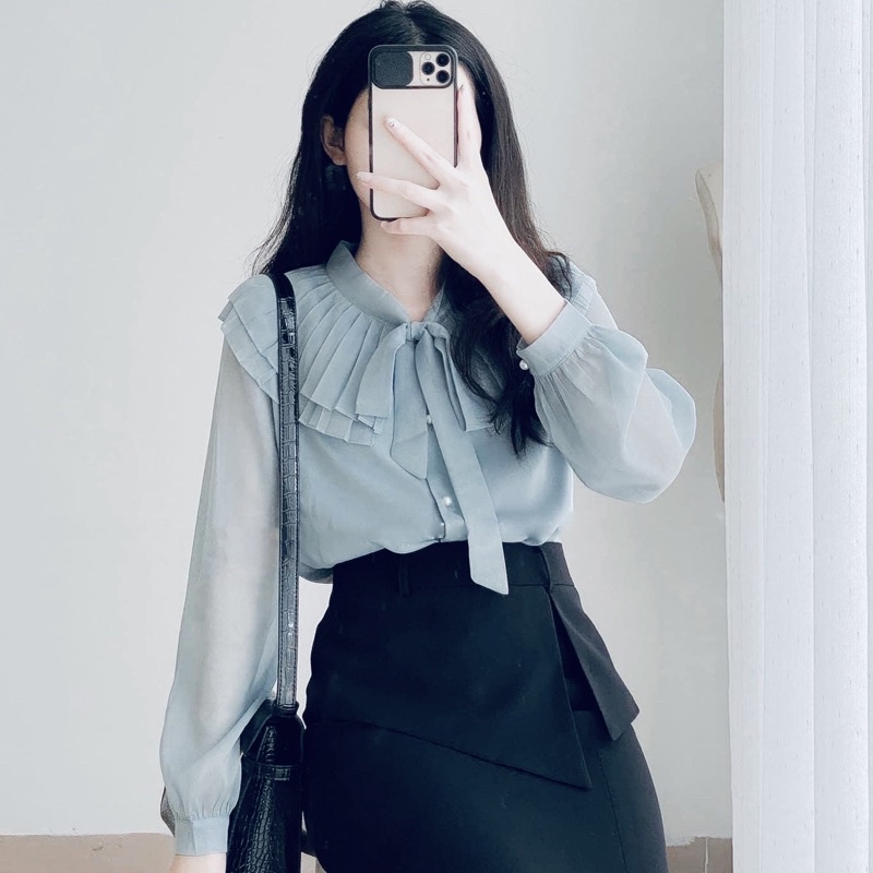 Áo sơ mi kiểu cổ bèo rập ly phong cách hàn quốc chất liệu tơ mềm mịn không nhăn nhàu mặc đi làm đi chơi A35