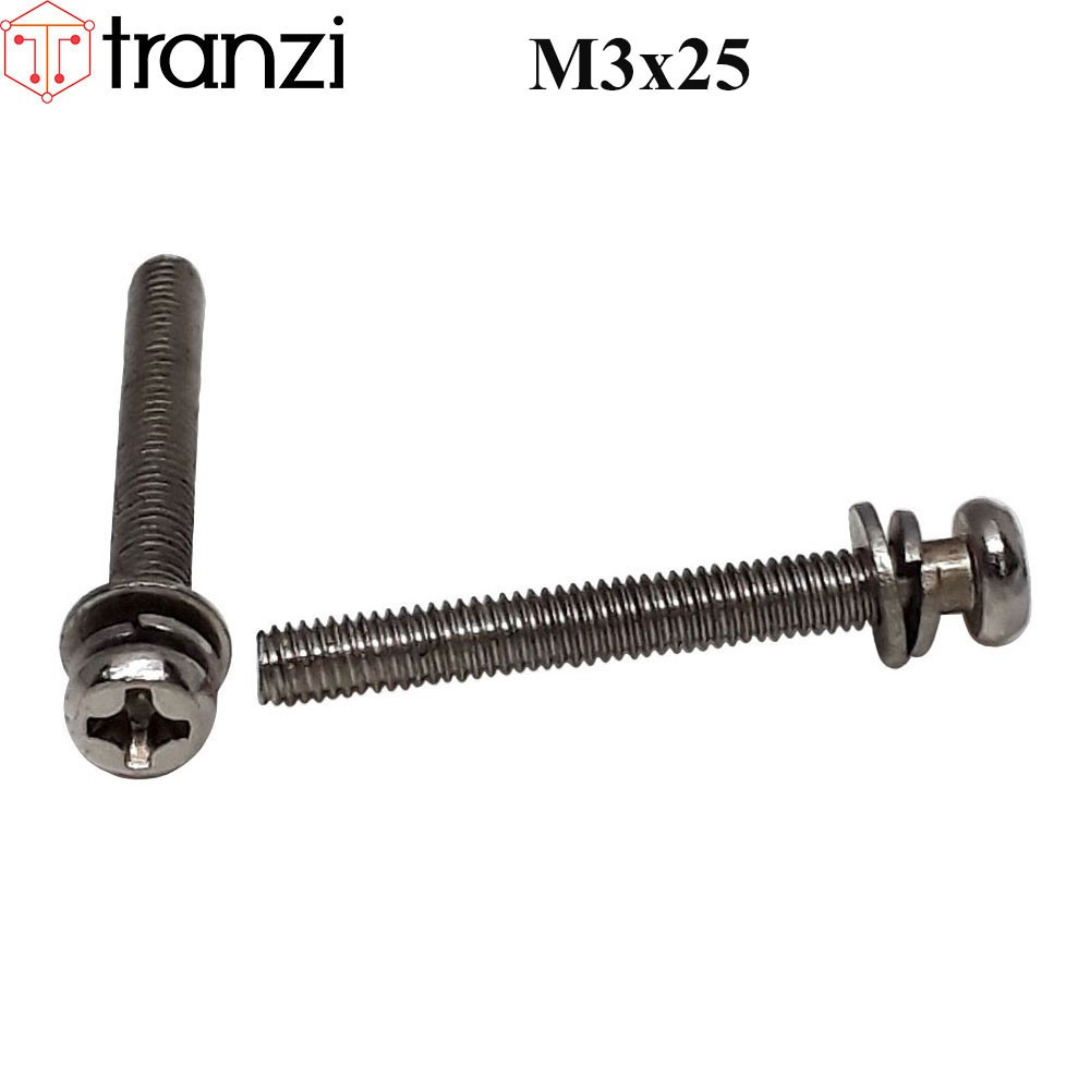 Vít bake kèm long đen phẳng vênh đầu cầu mạ niken M3x25 - túi 50 cái