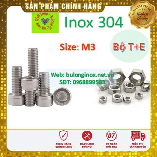 Bulong lục giác chìm đầu trụ size M3  inox bộ Thân + Ecu (Bộ TE) , ốc đầu trụ , ốc lục lăng đầu trụ inox, inox 304
