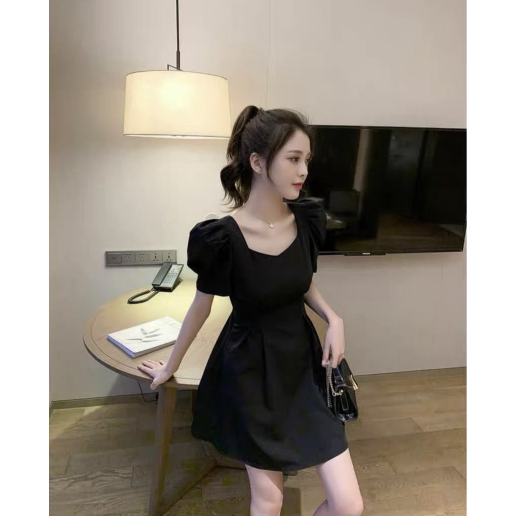 Đầm tay phồng cổ vuông xếp ly eo 2 màu | BigBuy360 - bigbuy360.vn