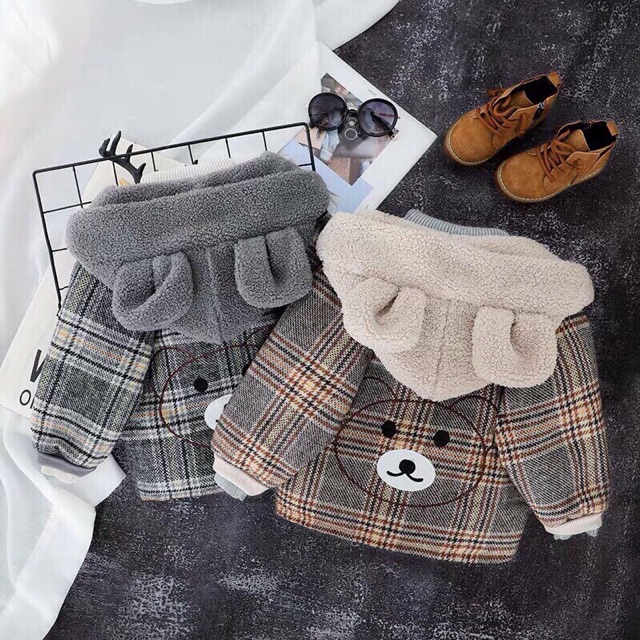 Áo khoác gấu dạ kẻ mũ lông cừu | BigBuy360 - bigbuy360.vn