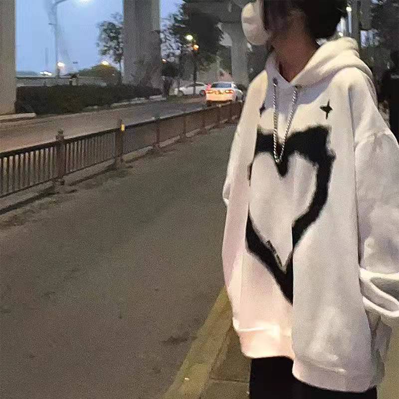 Áo hoodie dáng rộng in họa tiết trái tim phong cách harajuku Hàn Quốc thời trang xuân thu mới dành cho nữ