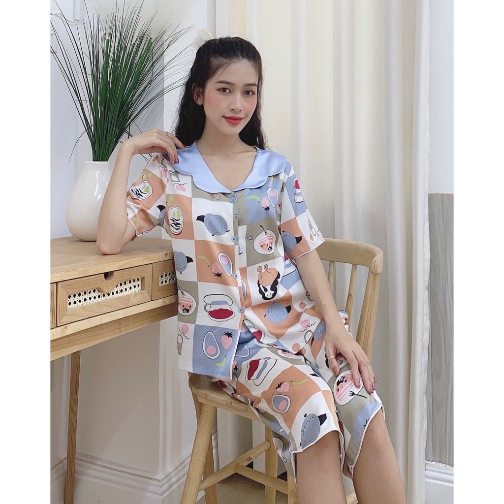 Đồ bộ pijama lửng lụa Latin loại 1 cao cấp, bộ mặc nhà nữ dễ thương