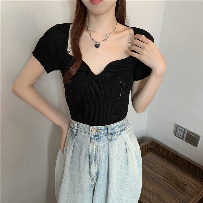 Áo Thun Ngắn Tay Cổ Vuông Phong Cách Mới Mùa Hè Cho Nữ