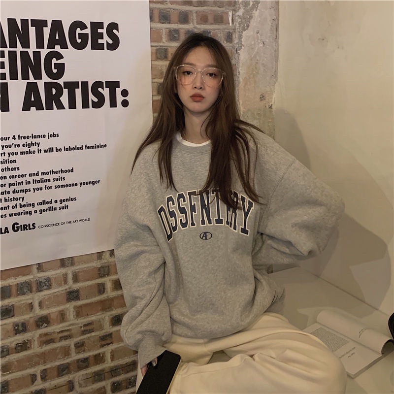 Áo sweater chữ basic lót nỉ bông mềm nam nữ