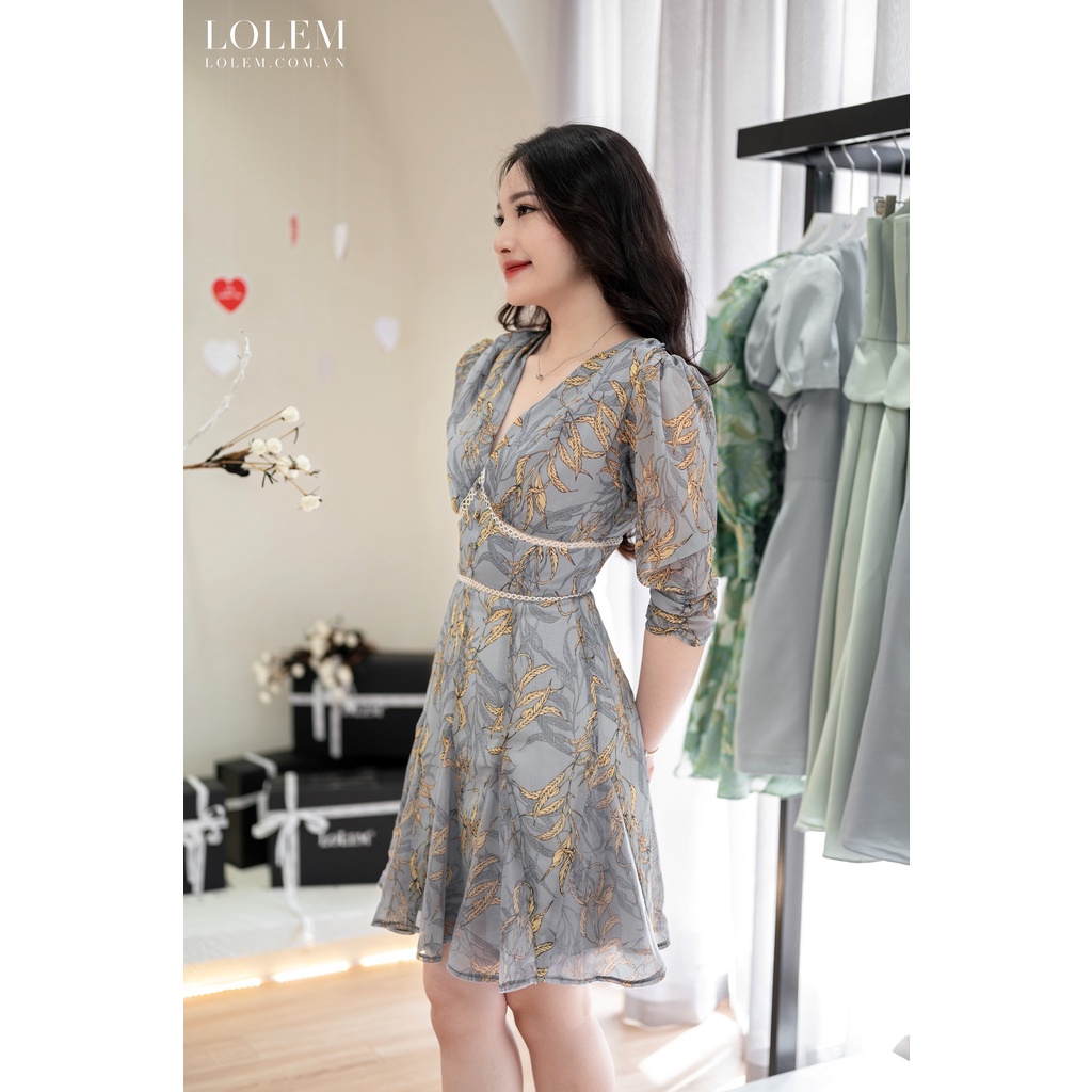 Đầm xòe dự tiệc LOLEM DX297 tơ hoa xước phối lưới viền ren cổ V