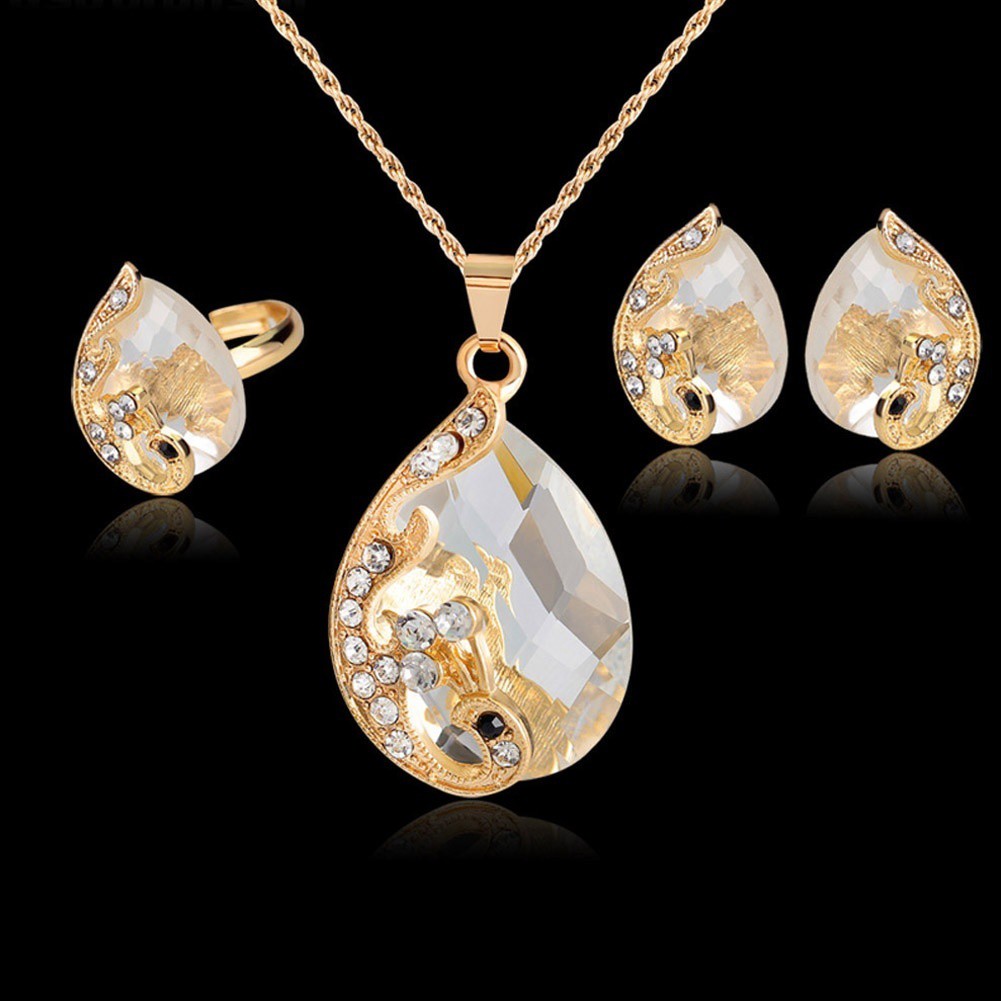 Set 1 đôi khuyên tai + 1 dây chuyền + 1 chiếc nhẫn đính đá cho nữ