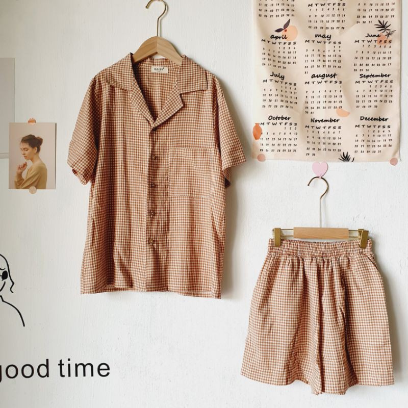Pyjama mặc nhà xô cotton mềm mịn họa tiết caro nhí