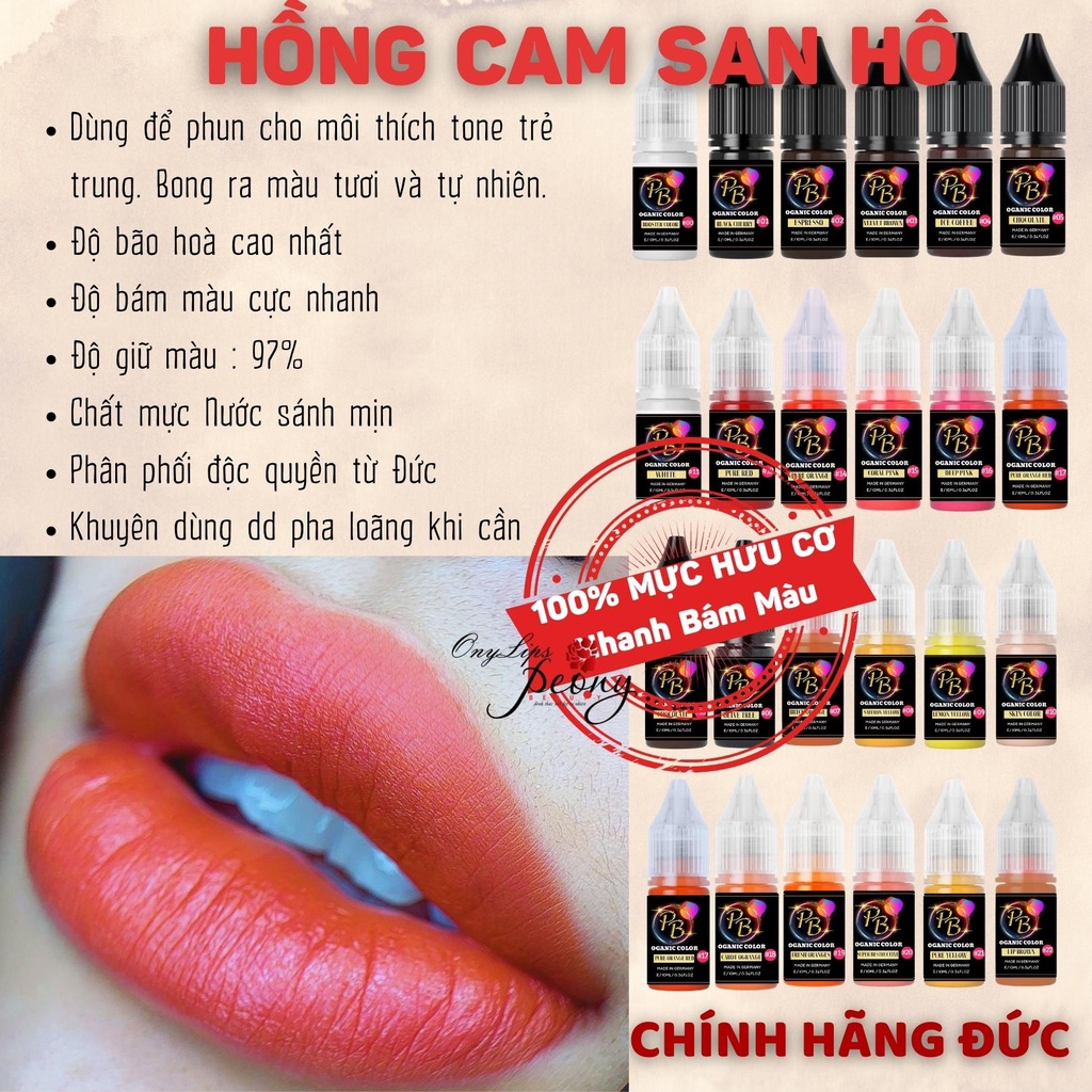 Mực phun xăm Hữu Cơ, HỒNG CAM SAN HÔ và 20 màu Mực Nước phun xăm Thẩm Mỹ