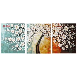 D303 - Bộ 3 Tranh sơn dầu số hóa chủ đề hoa đã căng khung sẵn và dầu phủ bóng