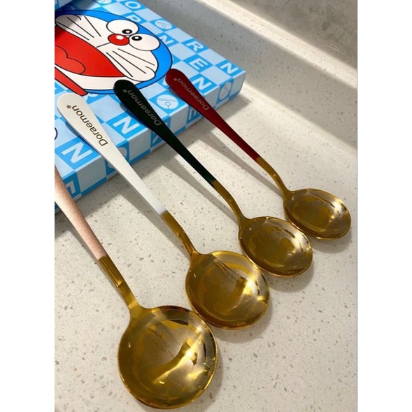 Set 4 thìa doraemon inox dễ thương, muỗng inox 410 doremon thép không gỉ nhiều màu