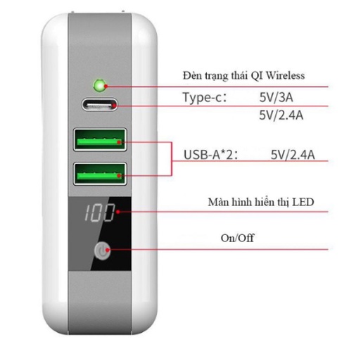 Bộ sạc nhanh kiêm sạc dự phòng 6700mAh hỗ trợ sạc không dây chuẩn QI Wirless