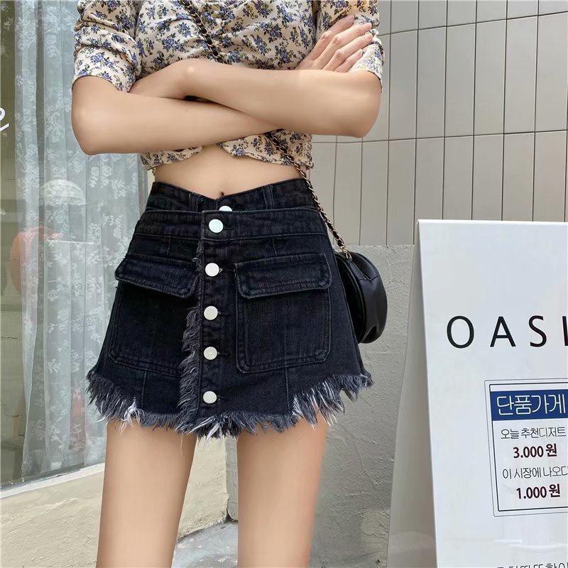 new plus size denim shorts female summer all-match high-waisted raw edge Korean student wide-legged two-piece a-line ho