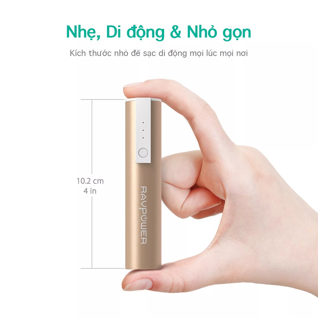 Sạc dự phòng RAVPOWER 3350mAh Công nghệ iSmart 2.0, Nhẹ, Di động, Nhỏ gọn cho Điện thoại Thông minh RP-PB33 gold