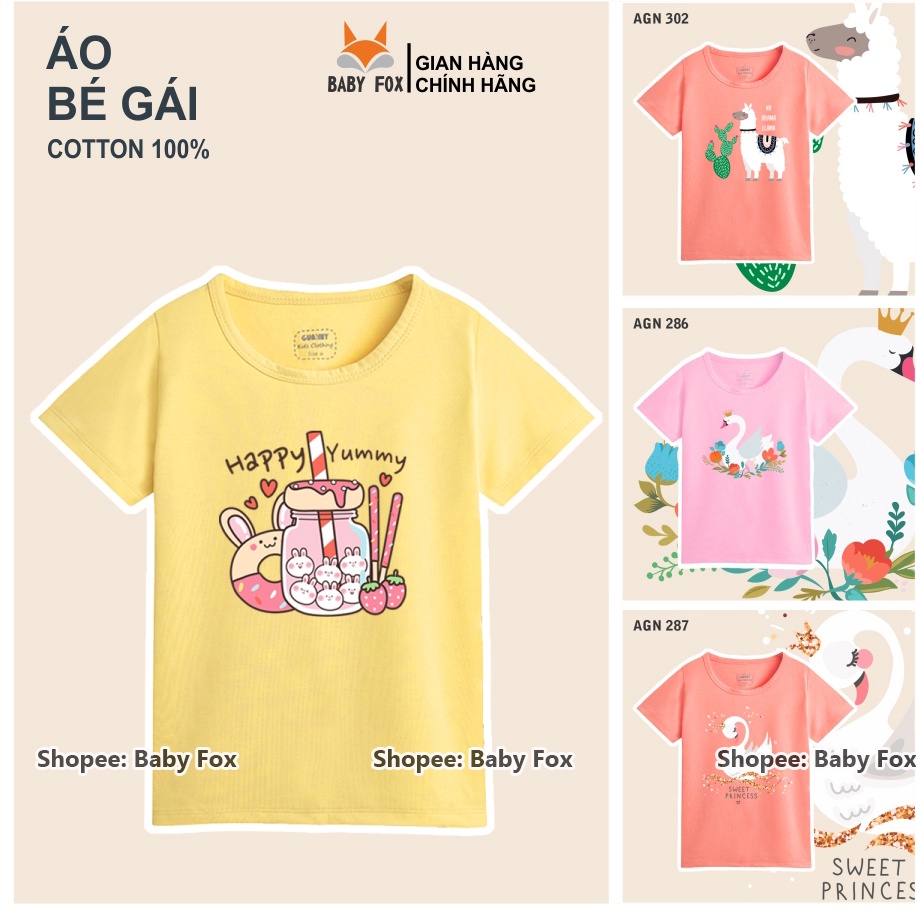 Áo bé gái 100% cotton loại tốt, thương hiệu BABY FOX, hình thiên nga, kẹo 10-55 kg f