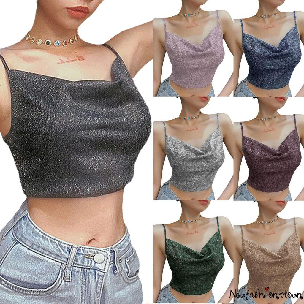 Áo Croptop Hai Dây Cổ Chữ V Khoét Sâu Màu Đen Lấp Lánh Thời Trang Mùa Hè Cho Bạn Gái