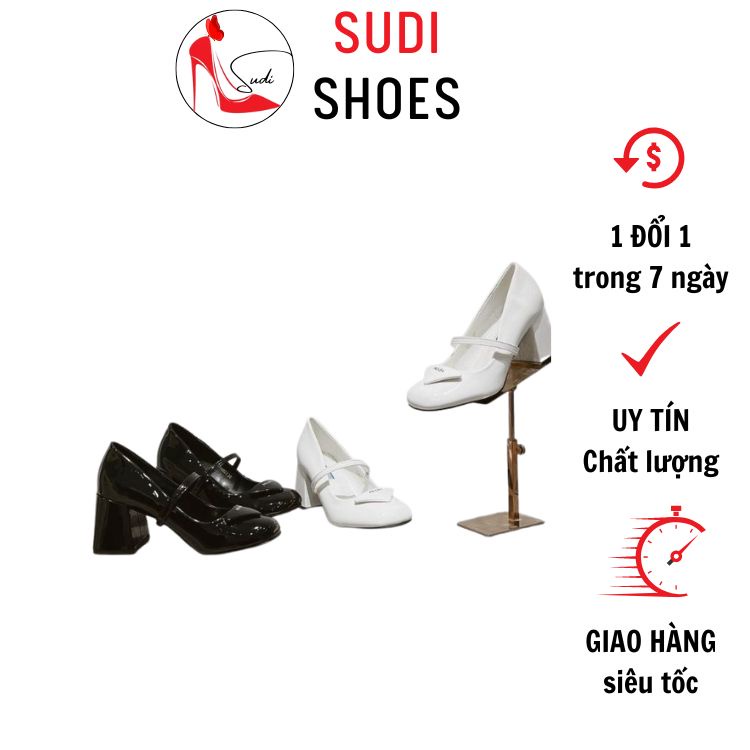 Giày cao gót p r.a đ.a đế vuông SUDI SHOES- SD037-BCF cao 7p bít mũi 2 màu trắng đen bóng dễ phối đồ