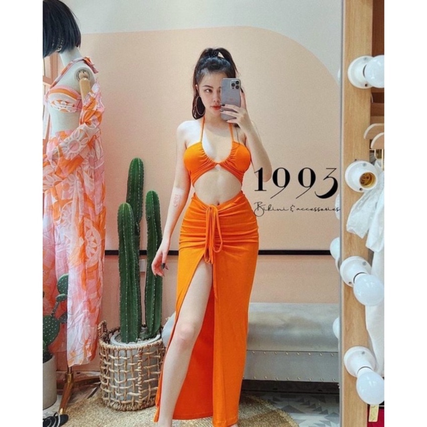 Set bikini 3 món bộ bơi đi biển áo nơ buộc quần váy dây rút kín đáo  EVA S3MVR