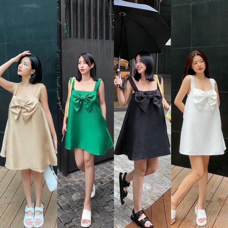 Đầm Nơ Dáng Xuông 4 Màu Form Xuông Bầu Bí Bon Chen Được