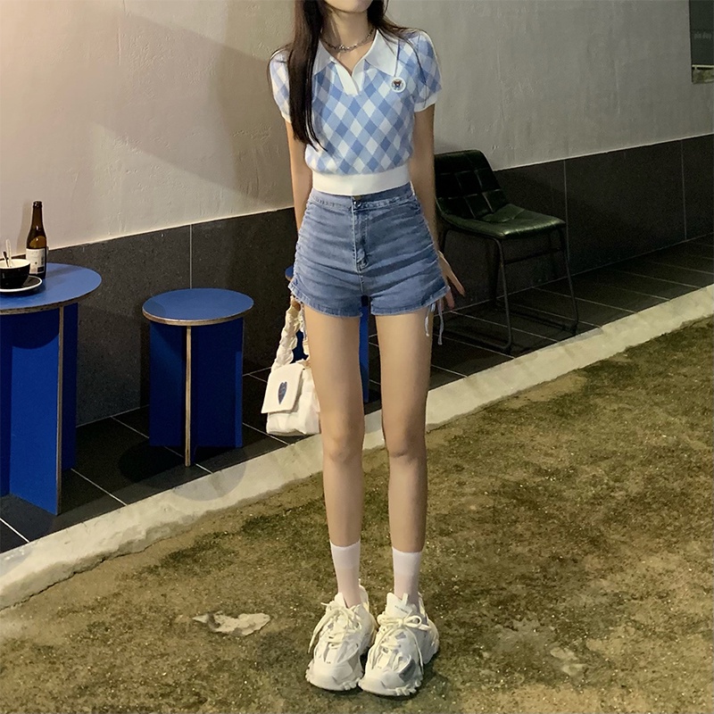 Xiaozhainv Áo Croptop Dệt Kim Cổ Polo Kẻ Sọc Kiểu Hàn Quốc Dễ Thương Cho Nữ