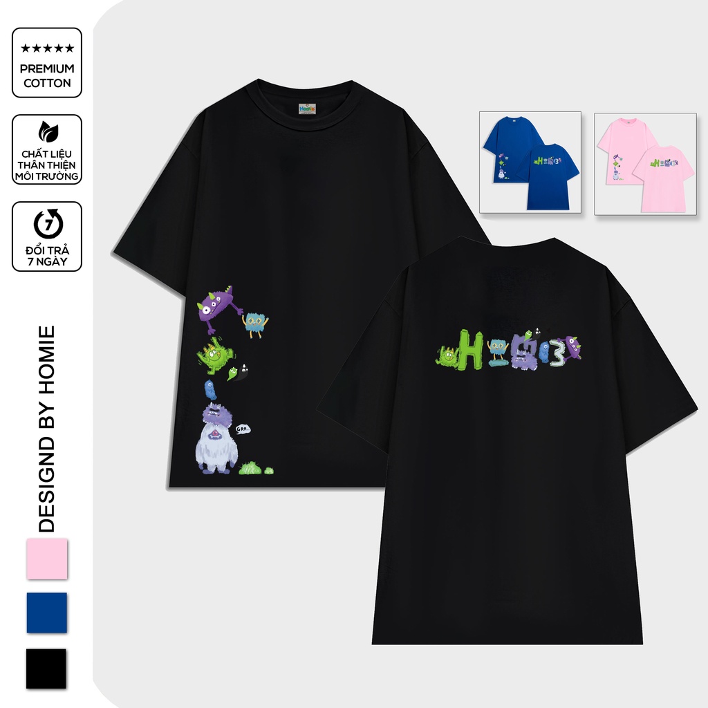 MUA 2 TẶNG 1 Áo thun Homie Monster nam nữ tay lỡ form rộng màu Đen, Xanh, Hồng AP076