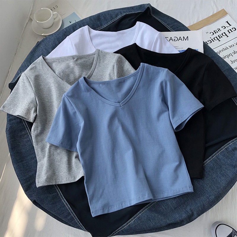 Áo Thun Croptop Tay Ngắn Cổ Chữ V Khoét Sâu Màu Trơn Đơn Giản Dành Cho Nữ