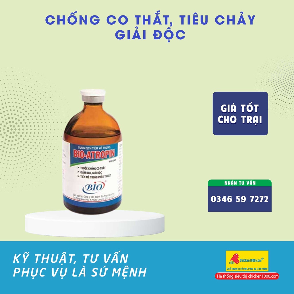 Bio Atropin 100ml thắt ruột, tiêu chảy nặng trên chó, mèo, bò, ngựa, dê, heo