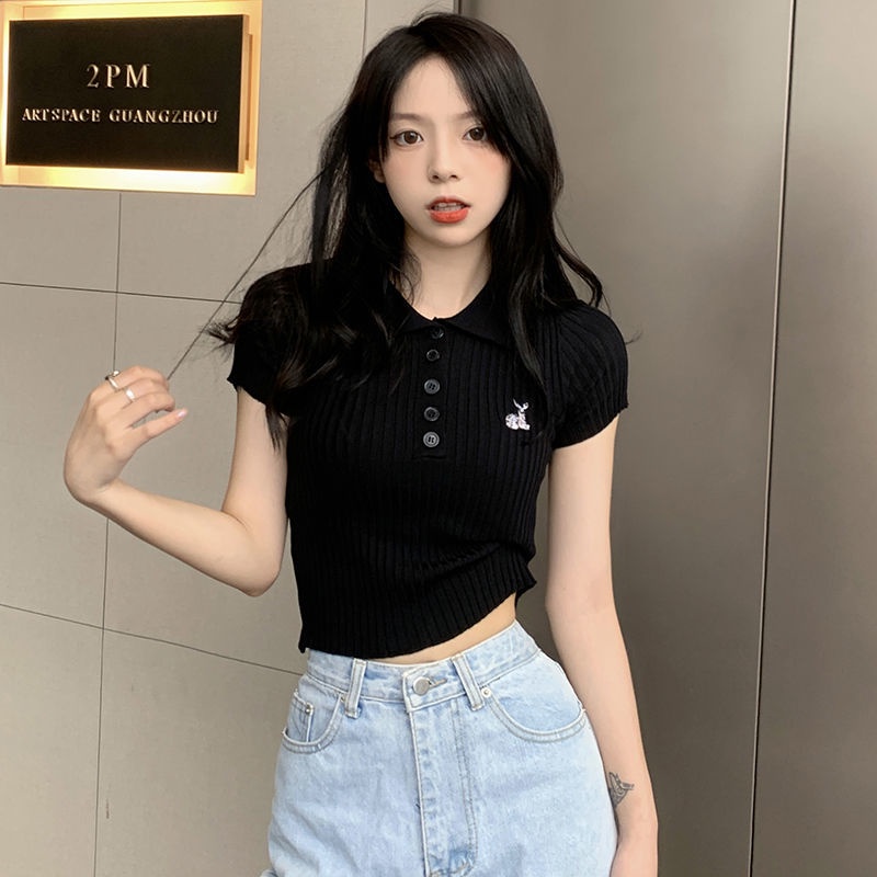 Áo Thun Tay Ngắn Dáng Ôm Thêu Họa Tiết Dễ Thương Phong Cách Hồng Kông