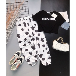 Set đồ bộ áo croptop kết hợp quần bò sữa