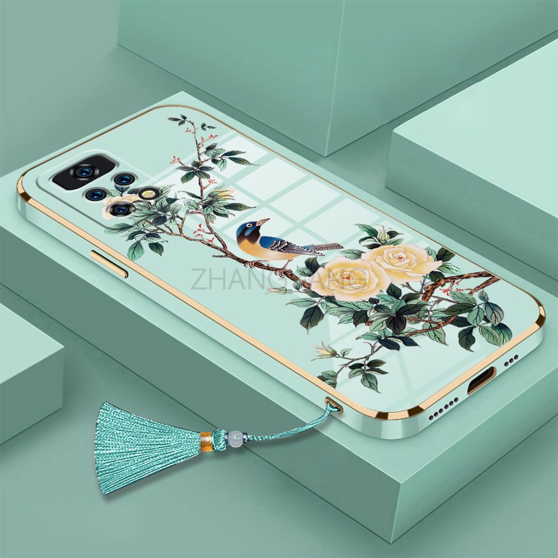 Ốp Điện Thoại Silicon Mạ Điện Họa Tiết Hoa Và Chim Kèm Dây Đeo Cho Redmi note 11 Redmi note 11s Redmi note 11 pro