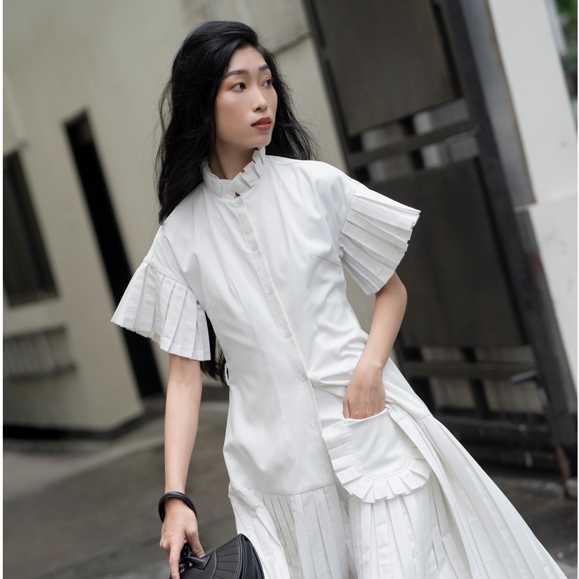 Váy dài xếp ly cổ sơ mi AIONAH Hanoia