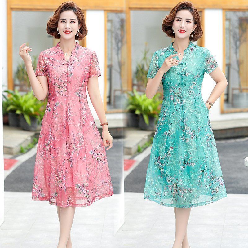 Đầm Sườn Xám Cách Tân Tay Ngắn Phong Cách Phương Tây Thời Trang Mùa Hè Mới Cho Phụ Nữ Trung Niên