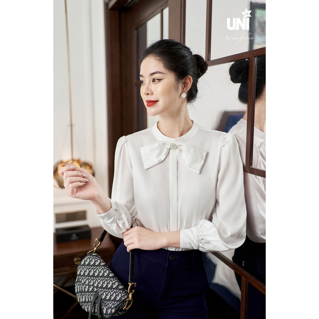 Áo Sơ Mi Nữ Lụa UNIVTH Công Sở DàiTay Đính Nơ Sang Trọng 5A03142D Uni Korean Fashion