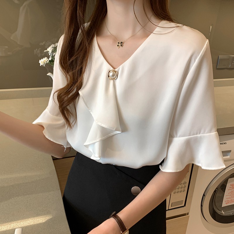 Korean Elegant Ruffle V Neck Casual Blouse Women Summer Flare Short Sleeve Shirt Yellow White Pink | BigBuy360 - bigbuy360.vn