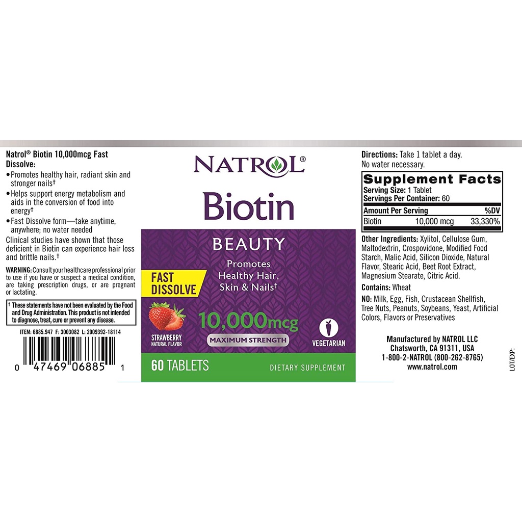 HŨ 60 VIÊN NGẬM Natrol Biotin TỐT CHO DA, MÓNG, TÓC Hair, Skin &amp; Nails, 10,000mcg, VỊ DÂU Strawberry