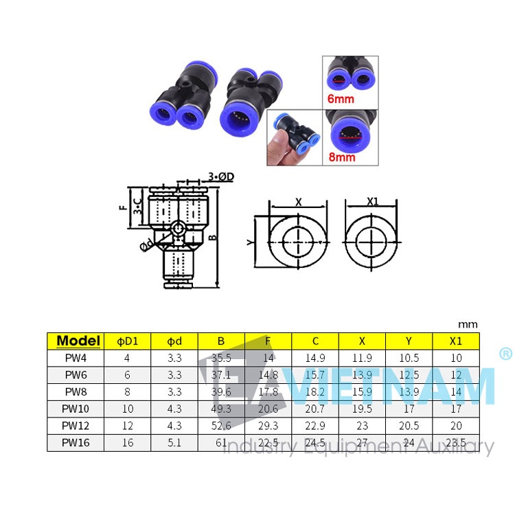 Đầu nối nhanh PW chia 3 Y chuyển đổi PW8-4 PW8-6 PW6-4 PW10-6 PW10-8 PW12-8 PW12-10 PW16-12