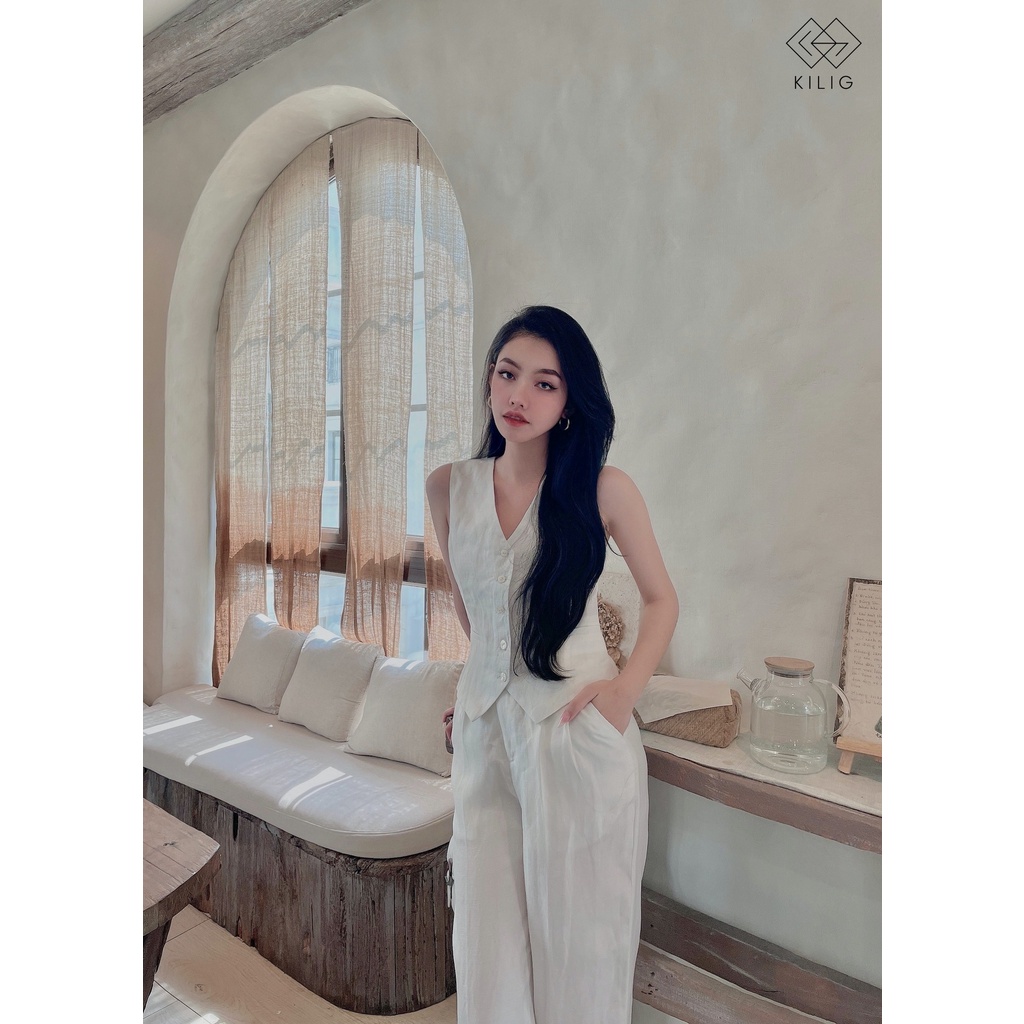 Set áo gile quần suông trắng chất liệu Linen Nhật thiết kế KILIG