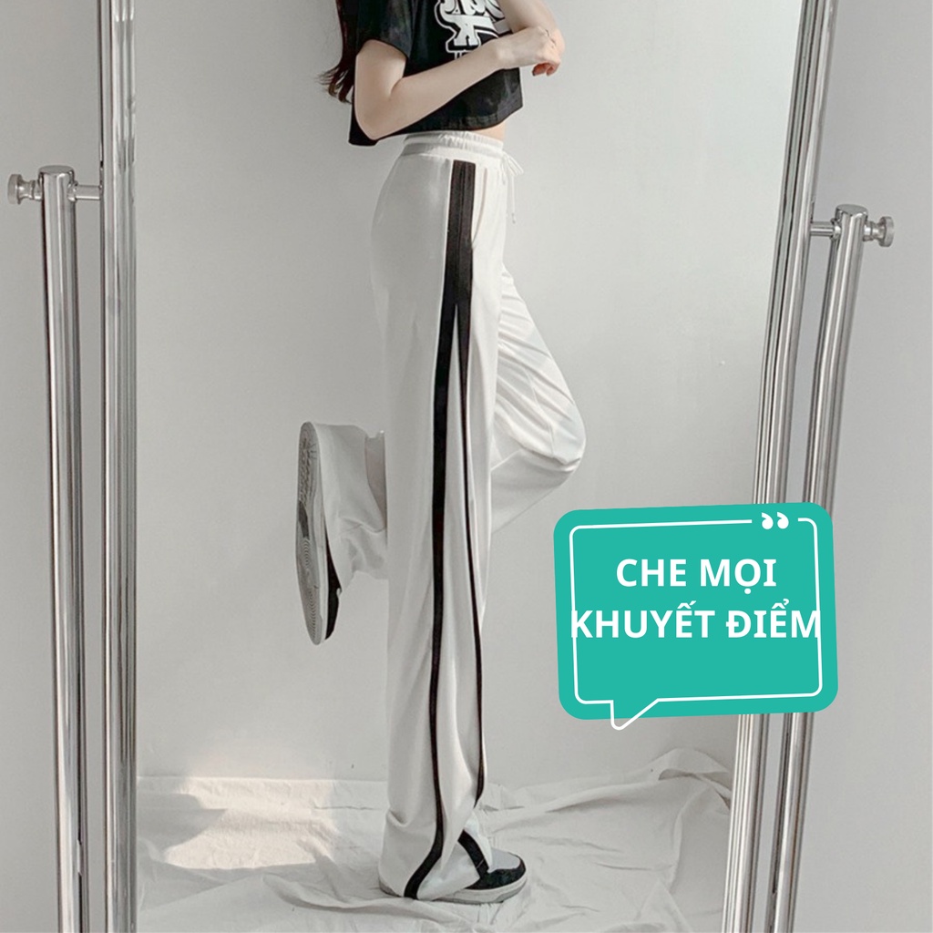 Quần ống rộng nữ Chelgy thể thao 2 sọc, quần dài nữ ống suông cạp chun cao có dây rút unisex CG-TR101