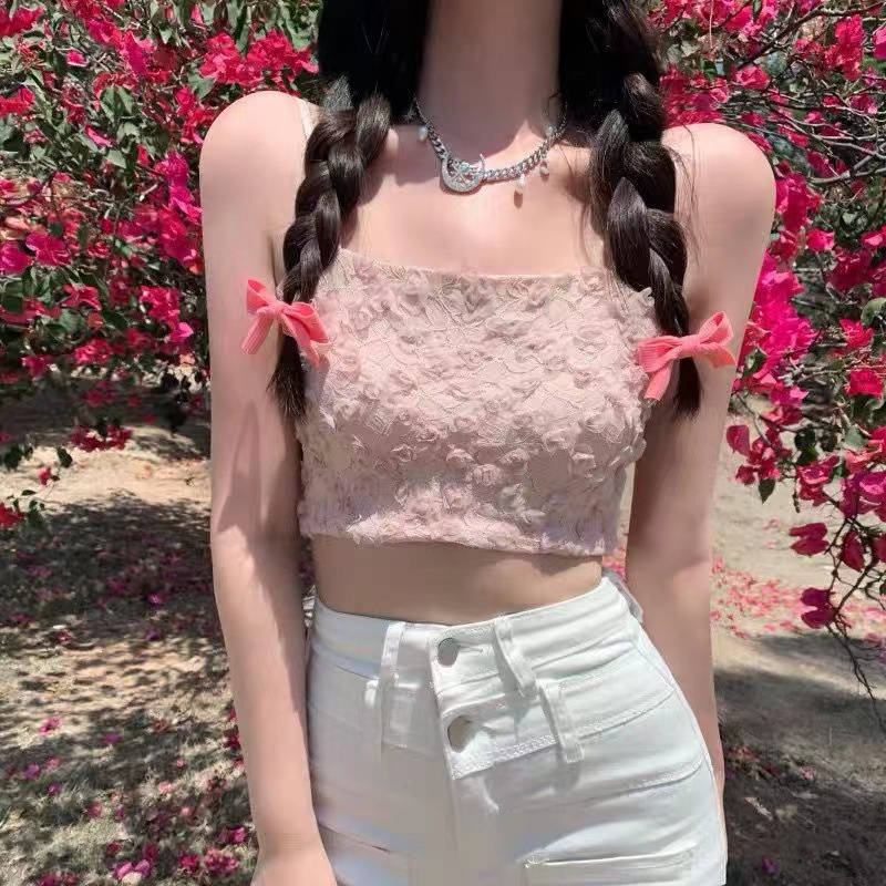 Áo croptop phối ren hoa hồng đệm mỏng xinh xắn DORIS - 3157