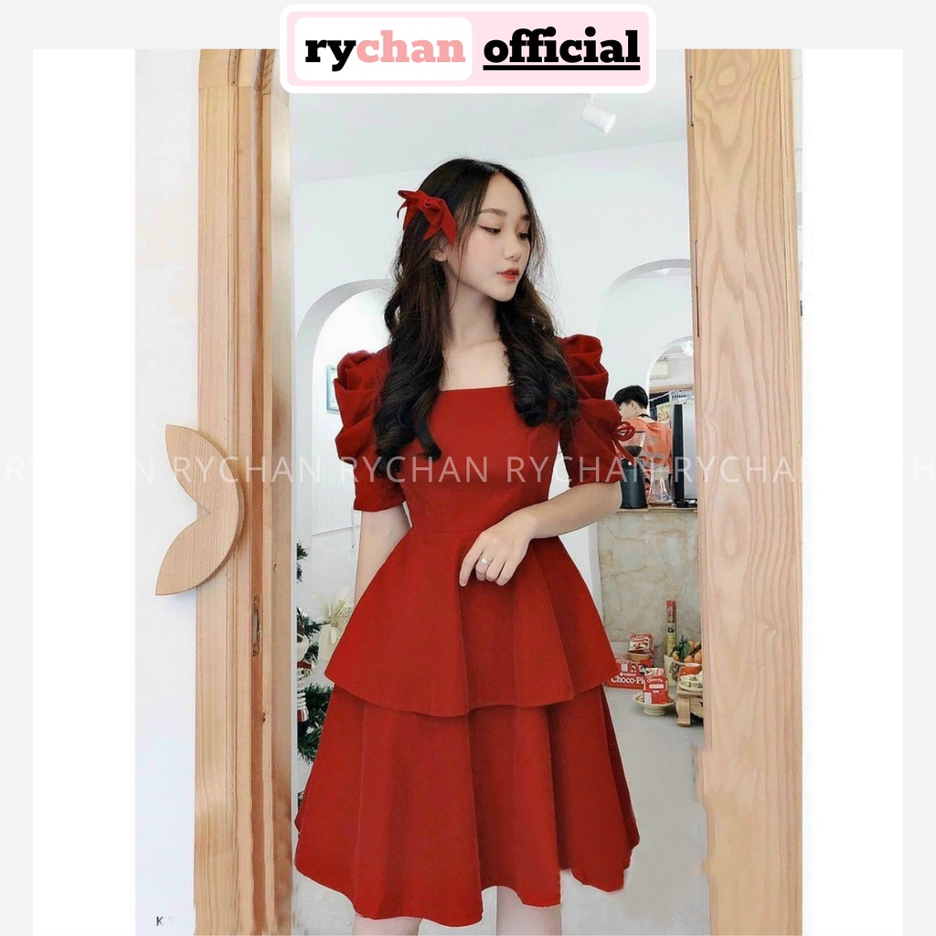 Đầm Xòe Cổ Vuông Tay Nơ Phồng 2 Tầng Nữ Tính 3 Màu Trắng Nude Đỏ [Ảnh Thật Cuối] - DX0092