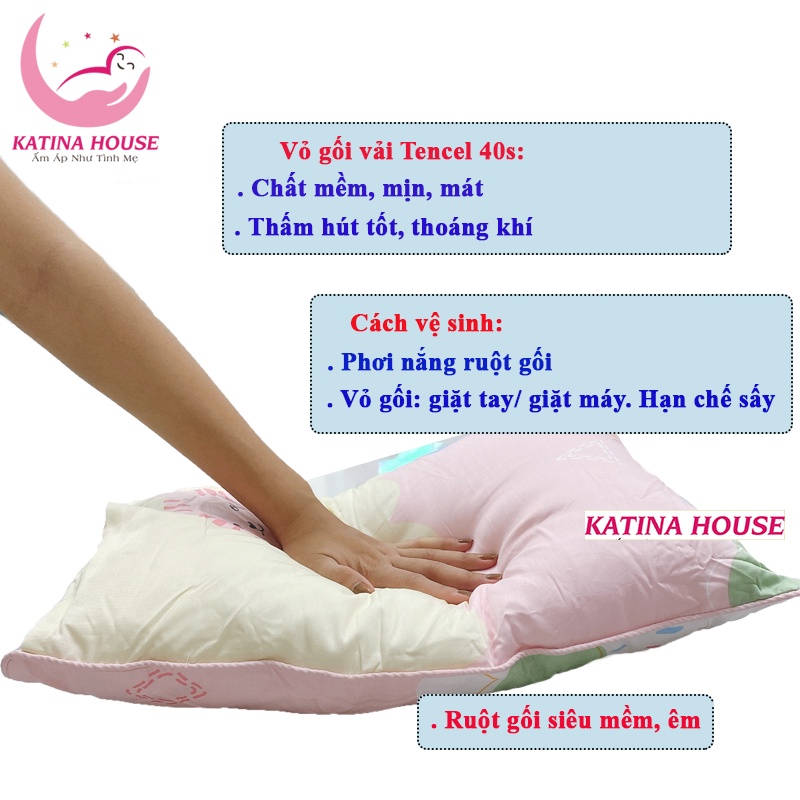 Gối cho bé sơ sinh 0 -10 tuổi vải Tencel gòn lông vũ nhân tạo, siêu mềm mát, êm,  hoạt tiết dễ thương