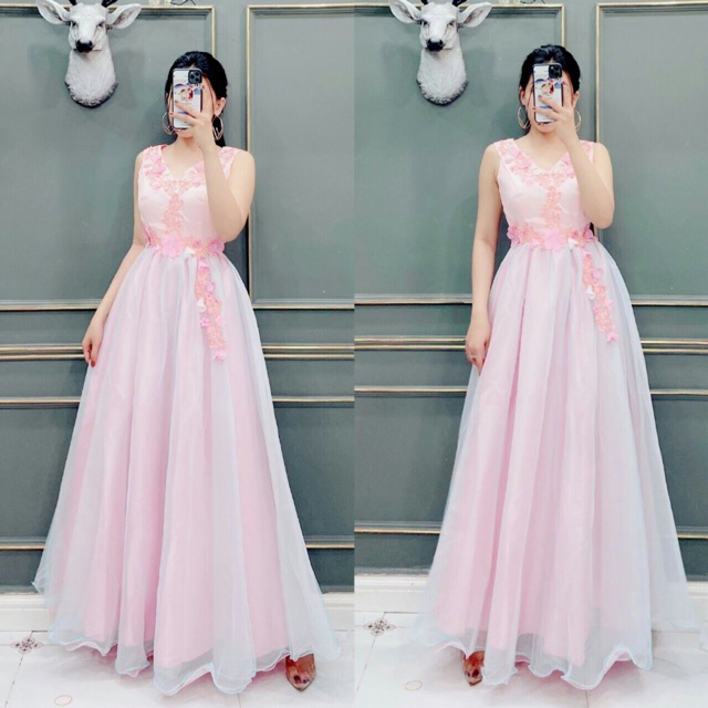 Đầm maxi dự tiệc mặc cưới kết hoa nổi phối màu lưới TRIPBLE T DRESS - size M/L kèm ảnh/video thật) MS144V