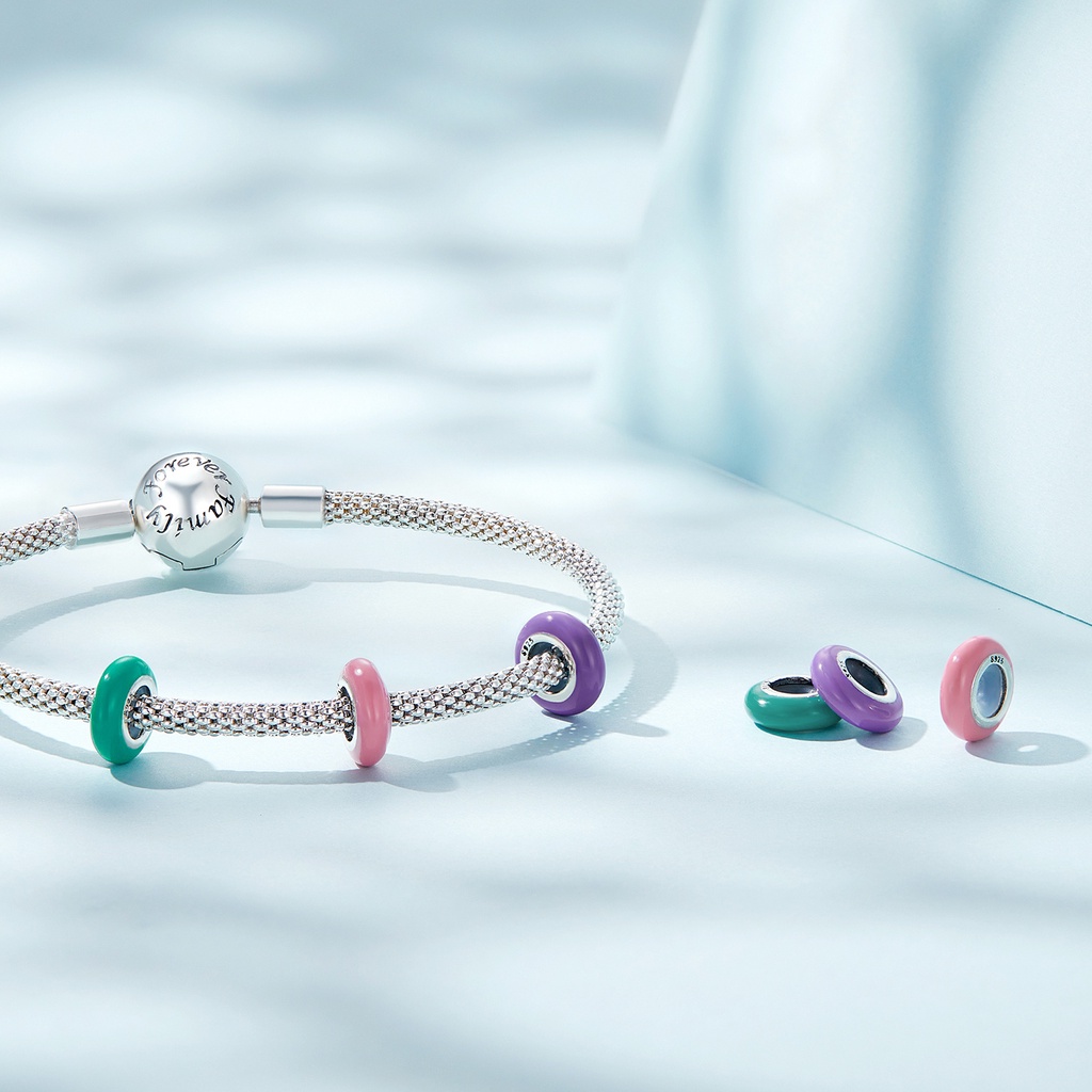 BAMOER Hạt Xâu Chuỗi Silicone Bạc 925 Màu Hồng / Xanh Lá / Tím Thời Trang Làm Trang Sức DIY